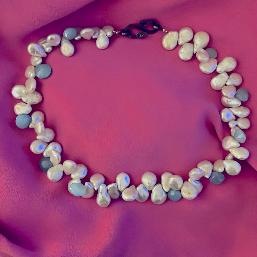 Teardrop shaped freshwater pearls and chalcedony necklace.